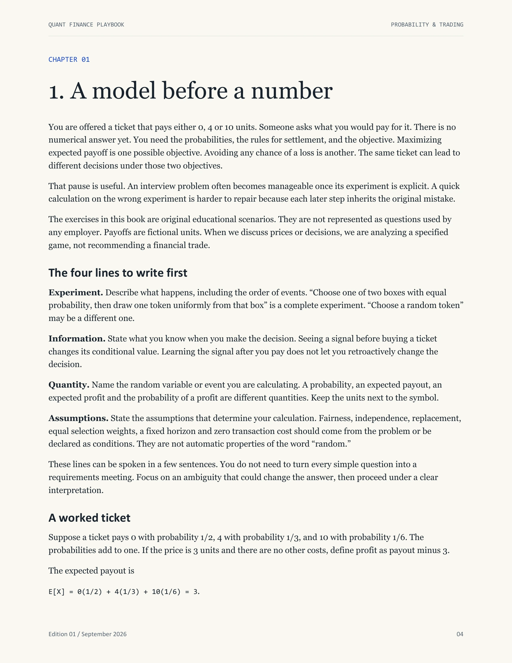 Probability & Trading Interview Workbook, public preview page 4. Select Text view for the page content.